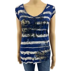 Rock & Republic SMALL Blue Gray Gold Rose Foil Metallic Print Burnout Tee Shirt